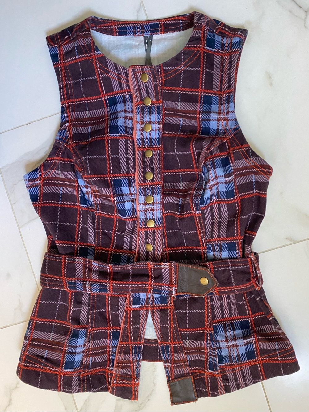 Anthropologie Plaid Vest in Burgundy, Navy & Red Orange Trim